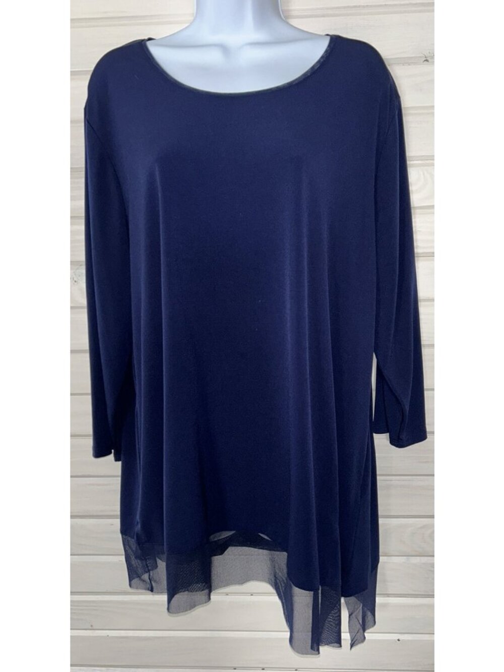 Chicos Sz 3 (XL) Blue Scoop Neck Tunic Mesh Trim Asymmetrical Hemline EUC